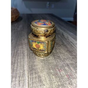 Antique Chinese Brass Tea Jar Caddy Enameled Relief Market Scent Jar